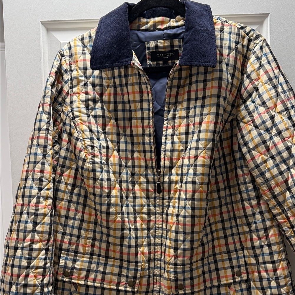 Talbots Multicolor Quilted Plaid Jacket with Navy Corduroy Collar - Picture 3 of 6